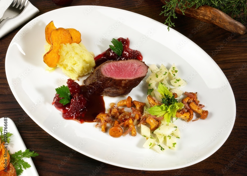 Deer with Vegetables on Cranberry Sauce Deer with Vegetables on Cranberry Sauce