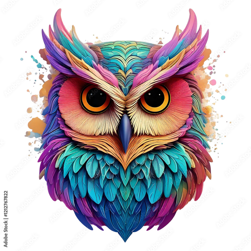 Fototapeta premium Vibrant, colorful owl illustration. Intricate feather details, artistic rendering. Perfect for design projects, branding, and apparel.