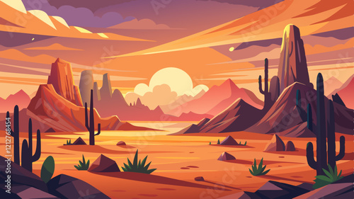  Desert Landscape Sunset Sky Orange Purple Hues Rocky Mountains