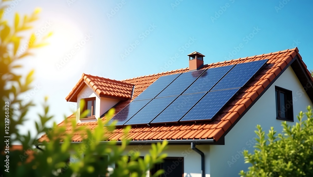 Solar panels, residential roof, red tiles, eco-friendly home, sustainable energy, sunny day, blue sky, white clouds, green foliage, suburban house, energy efficiency, photovoltaic system Solar panels, residential roof, red tiles, eco-friendly home, sustainable energy, sunny day, blue sky, white clouds, green foliage, suburban house, energy efficiency, photovoltaic system