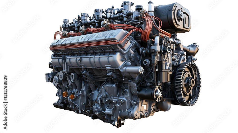 Modern, powerful diesel engine isolated on a transparent background, showcasing its intricate components and robust design Modern, powerful diesel engine isolated on a transparent background, showcasing its intricate components and robust design