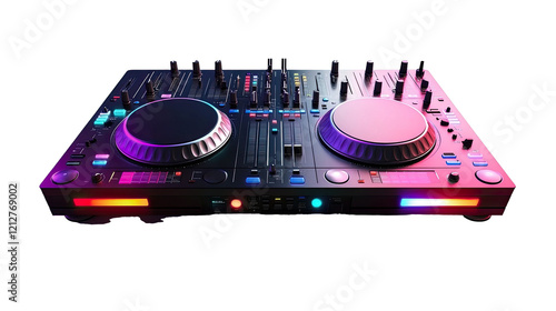 Modern dj mixer with knobs, faders, and jog wheels, ready for music mixing and performance, transparent background. photo