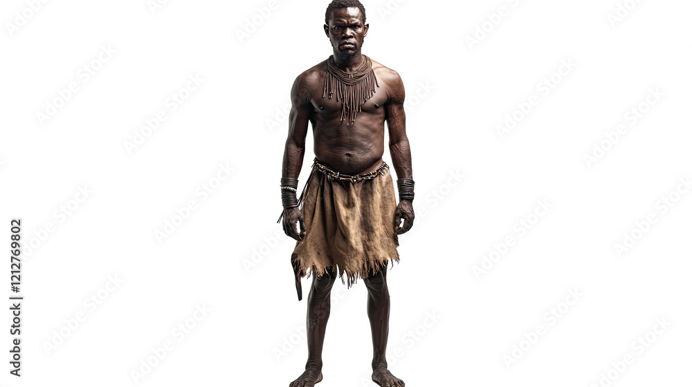 Studio shot of muscular african warrior wearing traditional tribal clothing and accessories against transparent background Studio shot of muscular african warrior wearing traditional tribal clothing and accessories against transparent background