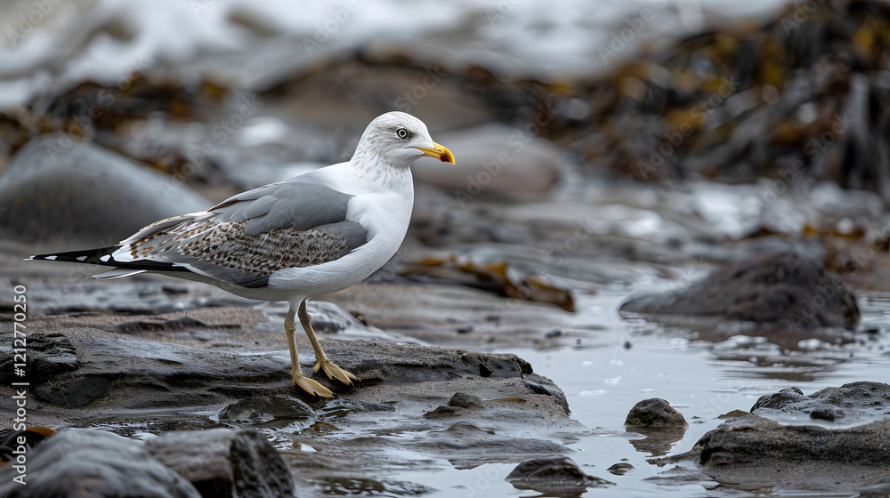 Photograph of an adult ringed gull walking on the beach with scenic natural surroundings and vibrant details Photograph of an adult ringed gull walking on the beach with scenic natural surroundings and vibrant details