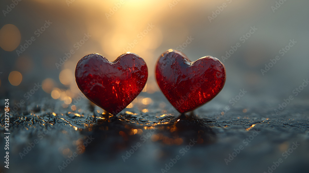 Obraz premium A pair of heart-shaped red earrings lying on a flat background