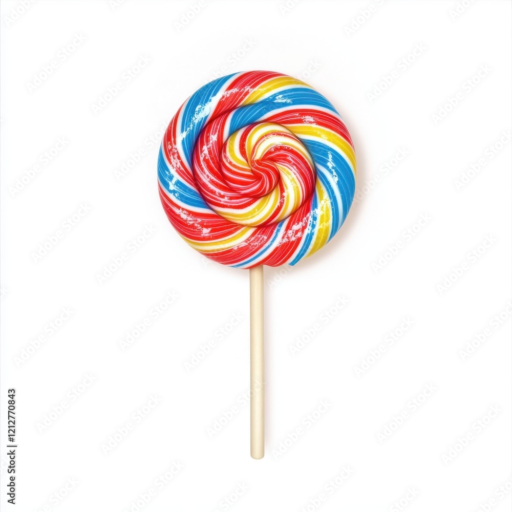 Colorful Swirl Lollipop on a Stick with Bright Red, Blue, Yellow Colorful Swirl Lollipop on a Stick with Bright Red, Blue, Yellow
