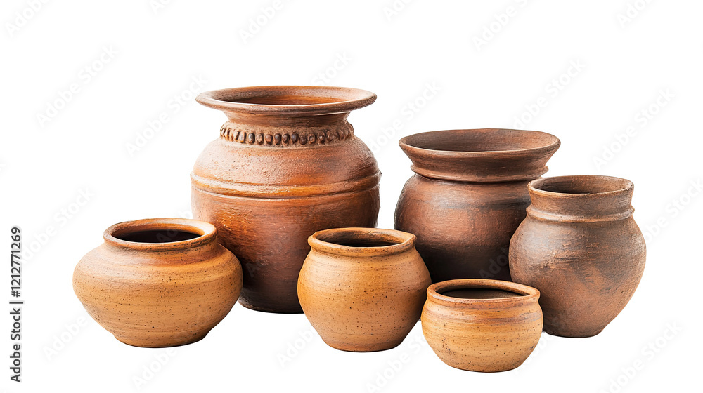 Clay pots showing traditional pottery techniques isolated on transparent background Clay pots showing traditional pottery techniques isolated on transparent background