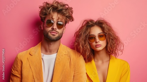 A chic couple presents an intimate visage while wearing stylish sunglasses and bright outfits, all highlighted against a sumptuously balanced pink backdrop. photo