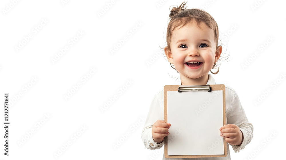 Smiling baby girl holding a clipboard with blank paper on transparent background Smiling baby girl holding a clipboard with blank paper on transparent background