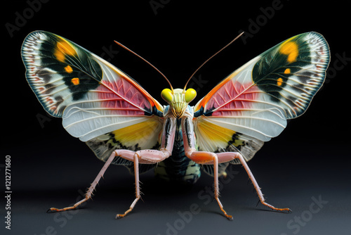 Amazing colorful Pseudocreobotra wahlbergii female. Spiny Flower Mantis show wings on black background  photo