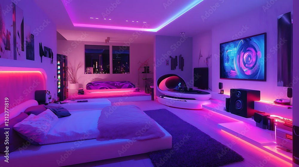 Vibrant futuristic room filled with glowing electronics and stylish decor Vibrant futuristic room filled with glowing electronics and stylish decor