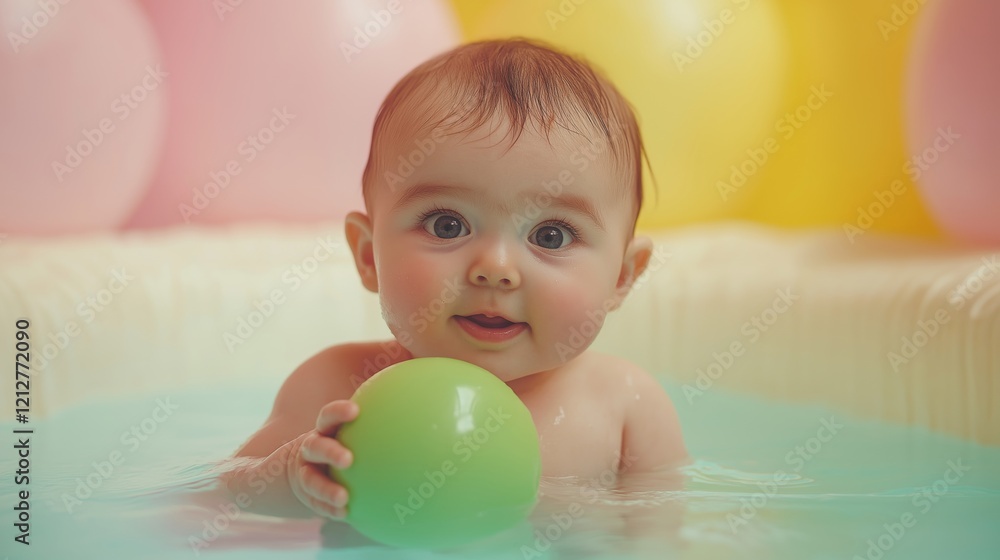 A baby with bright eyes holds a green ball while sitting in a shallow pool surrounded by colorful balloons A baby with bright eyes holds a green ball while sitting in a shallow pool surrounded by colorful balloons