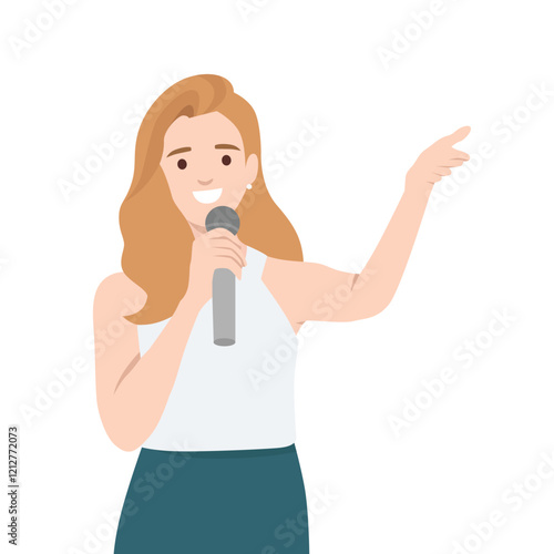 Woman holding a microphone, symbolizing public speaking or presentation skills. Flat vector illustration isolated on white background