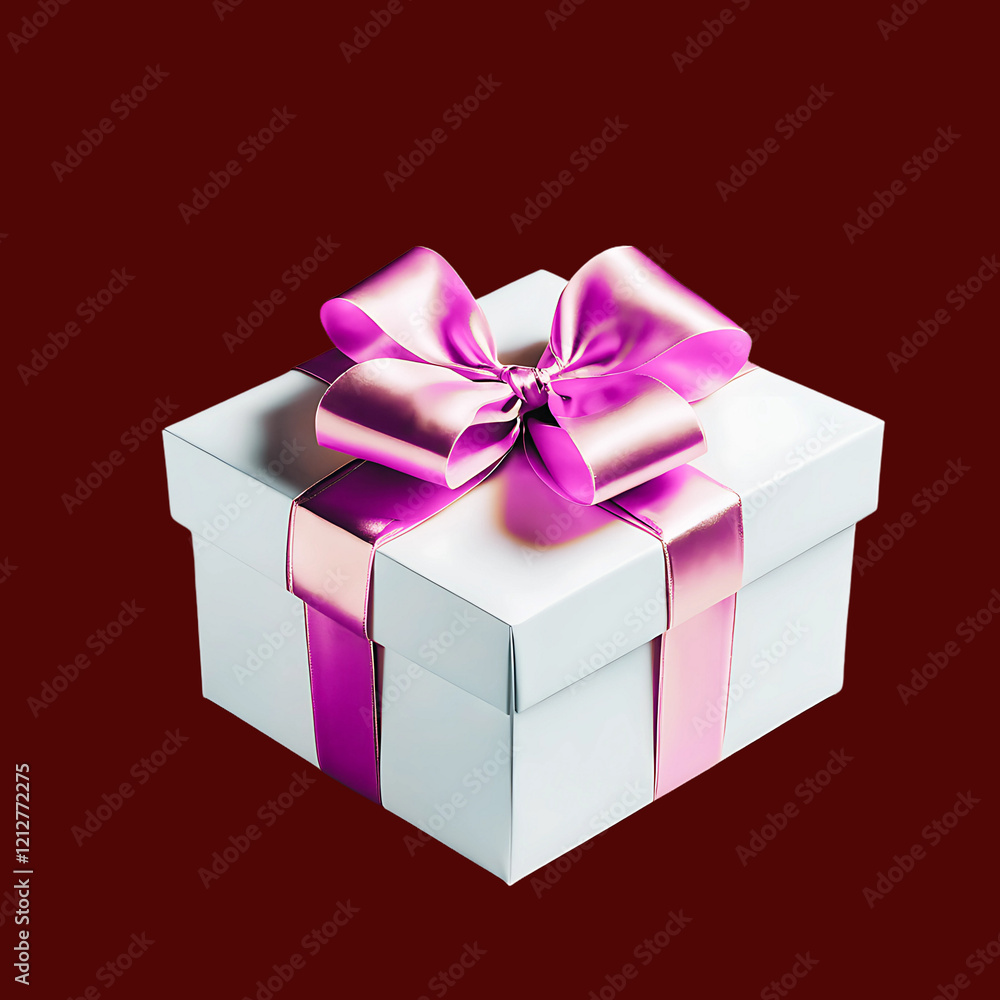 Shiny Pink Ribbon-Tied White Gift Box Against a Festive Red Background Shiny Pink Ribbon-Tied White Gift Box Against a Festive Red Background