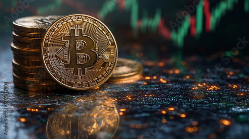 Stacks of Bitcoin with a Digital Trading Chart in the Background