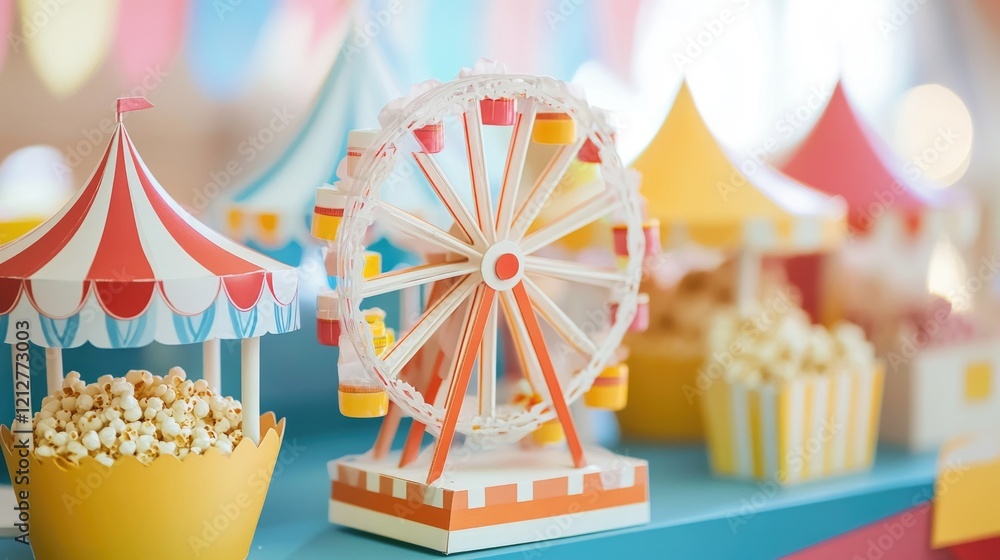 Miniature carnival scene with a Ferris wheel, tents, and popcorn bucket on a blue surface Miniature carnival scene with a Ferris wheel, tents, and popcorn bucket on a blue surface