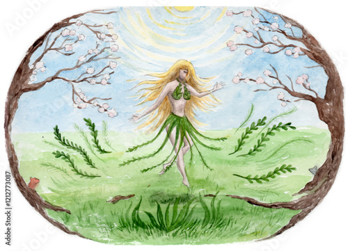 Young and beautiful blonde girl dancing among two blooming trees on a green grass, under sunlight. Woman-deity, Mother Nature, dryad, spirit of Spring, April. Watercolor vector illustration.