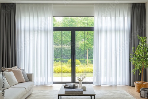 Modern living room with large windows and patio view