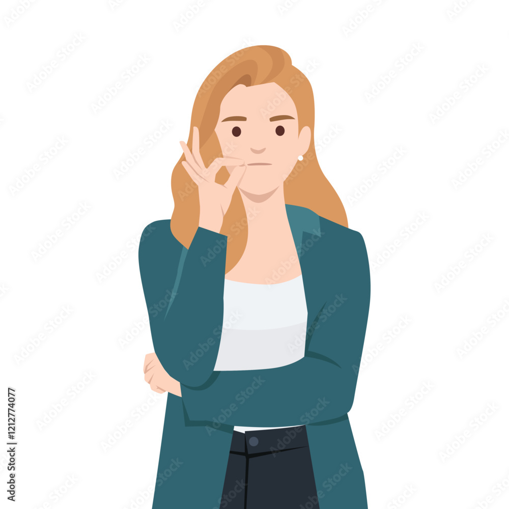 Woman making a silence gesture by forming a circle with her fingers near her lips. Flat vector illustration isolated on white background Woman making a silence gesture by forming a circle with her fingers near her lips. Flat vector illustration isolated on white background