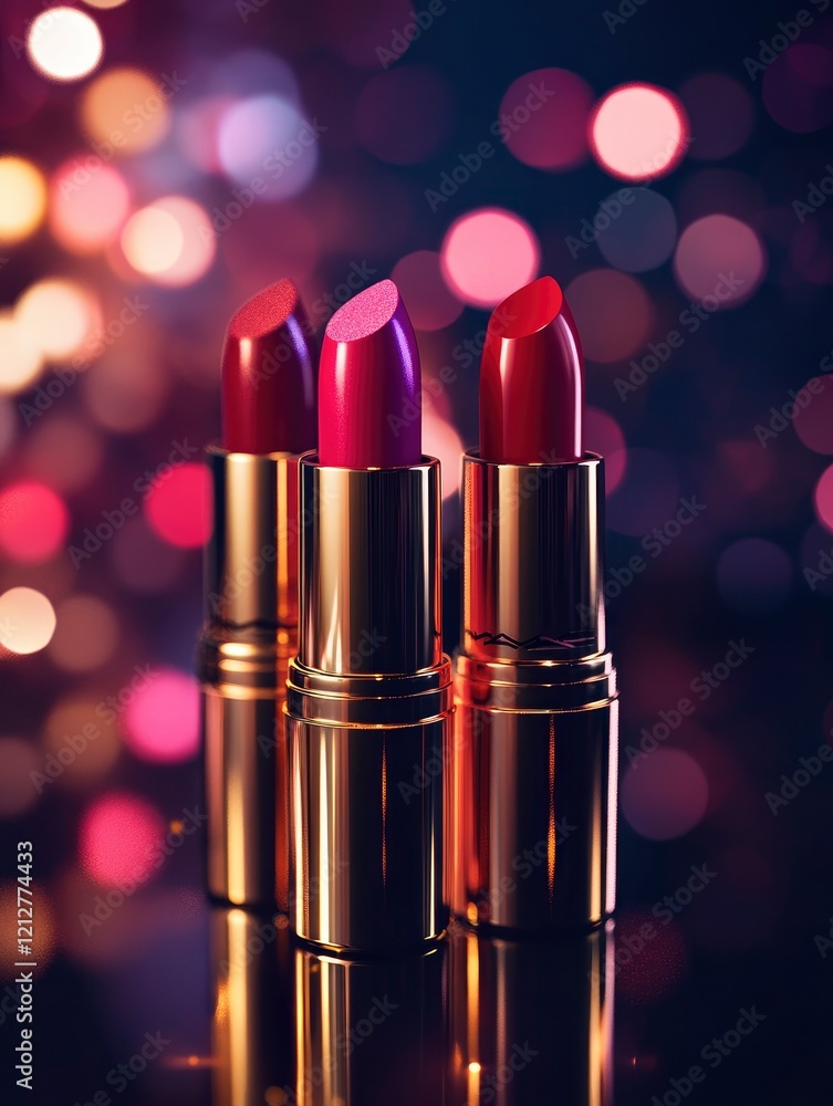 A vibrant studio shot of luxury lipsticks in bold red, pink, and beautiful shades, arranged creatively on a glossy reflective surface A vibrant studio shot of luxury lipsticks in bold red, pink, and beautiful shades, arranged creatively on a glossy reflective surface