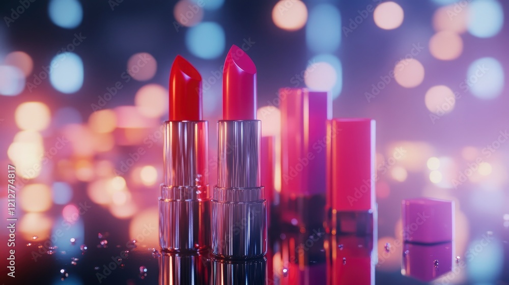 A vibrant studio shot of luxury lipsticks in bold red, pink, and beautiful shades, arranged creatively on a glossy reflective surface A vibrant studio shot of luxury lipsticks in bold red, pink, and beautiful shades, arranged creatively on a glossy reflective surface