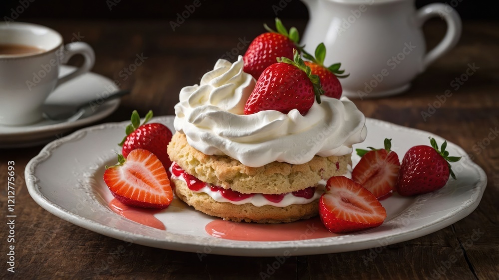 A delicious dessert featuring a biscuit layered with cream and strawberries. A delicious dessert featuring a biscuit layered with cream and strawberries.