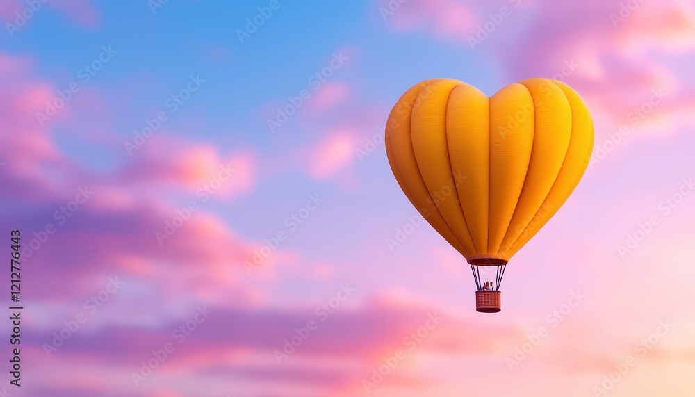 Fototapeta premium A heart-shaped hot air balloon floats against a colorful sunset sky.