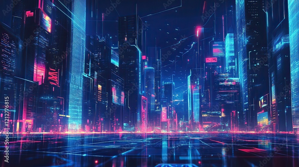 Fototapeta premium Neon Cityscape Futuristic urban scene at night, glowing, digital art