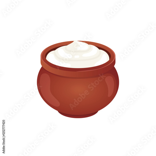 Sour cream in bowl in flat design. Farm dairy product, milk ingredient. Vector illustration isolated.