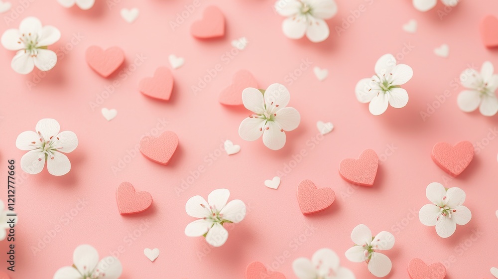 A delightful arrangement of white flowers and pink hearts on a soft pink background, perfect for romantic themes and celebrations. A delightful arrangement of white flowers and pink hearts on a soft pink background, perfect for romantic themes and celebrations.
