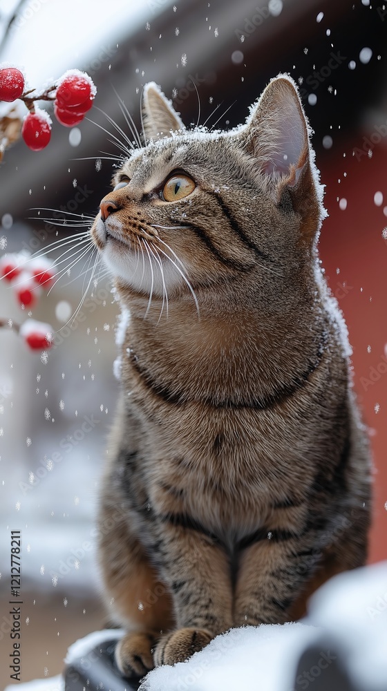 A cat crouches on a snowy tiled roof, with red plum blossoms adding color to the white landscape. The lens, cold light, high-definition snow and breath effects, A cat crouches on a snowy tiled roof, with red plum blossoms adding color to the white landscape. The lens, cold light, high-definition snow and breath effects,