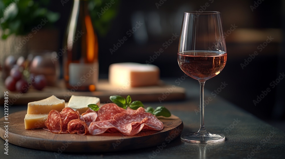 A minimalistic arrangement featuring a wine glass filled with rosé, accompanied by charcuterie and cheese on a wooden board A minimalistic arrangement featuring a wine glass filled with rosé, accompanied by charcuterie and cheese on a wooden board