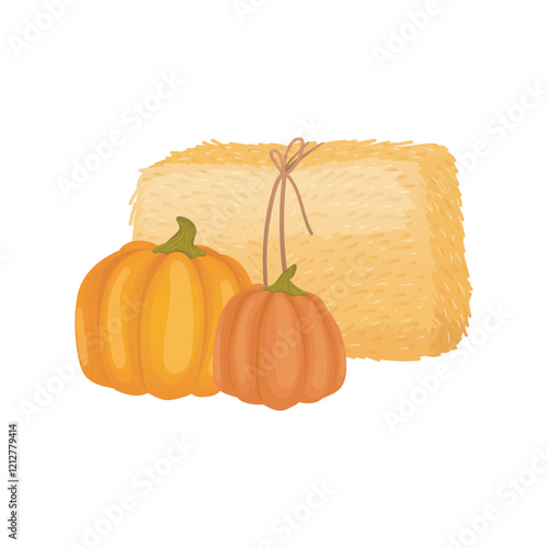 Pumpkins with sheaf hay in flat design. Farm products, agriculture harvest. Vector illustration isolated.