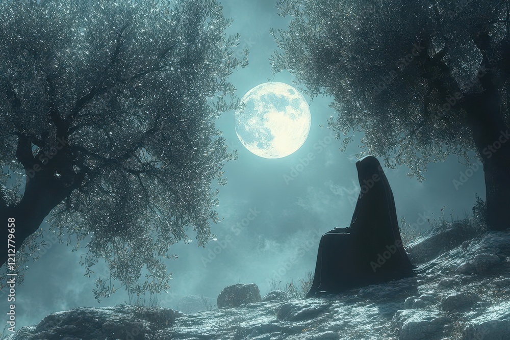 solitary figure in moonlit garden, deep shadows and silvery olive trees, emotional spiritual atmosphere, prayer scene solitary figure in moonlit garden, deep shadows and silvery olive trees, emotional spiritual atmosphere, prayer scene