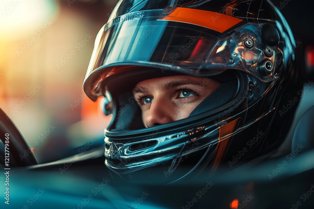 Intense portrait of a focused car racer in a helmet showcasing determination and speed, generative AI Intense portrait of a focused car racer in a helmet showcasing determination and speed, generative AI