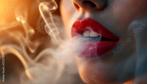 Woman Exhaling Smoke Red Lips Vape Photography