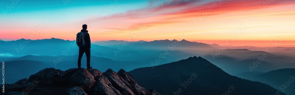 A solitary hiker stands atop a rugged mountain peak, soaking in a breathtaking sunset that paints the sky with vibrant hues, symbolizing tranquility and exploration.