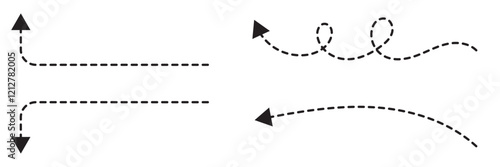 Hand drawn dot arrow vector set. Hand drawn line doodle arrow, curve arrow icon vector set. Vector illustration. Hand drawn dotted arrows set. Sketch curved dashed arrows design.