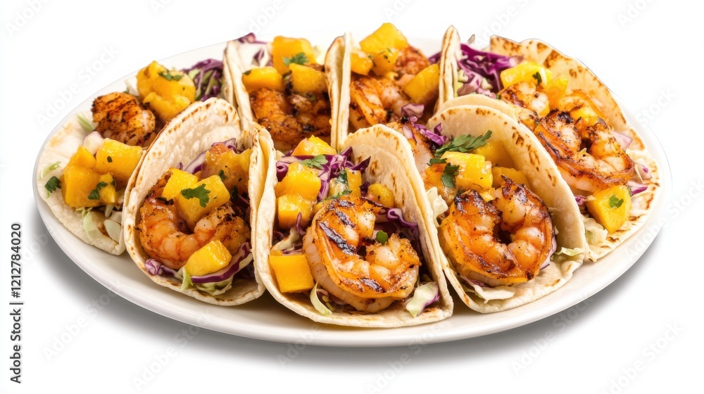 A plate of spicy shrimp tacos with grilled shrimp, mango salsa, shredded cabbage A plate of spicy shrimp tacos with grilled shrimp, mango salsa, shredded cabbage
