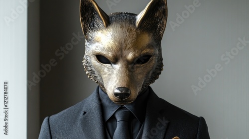 Elegant man in wolf mask with black suit and tie photo