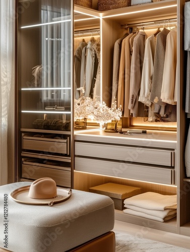 Stylish wardrobe interior with organized clothing and accessories.