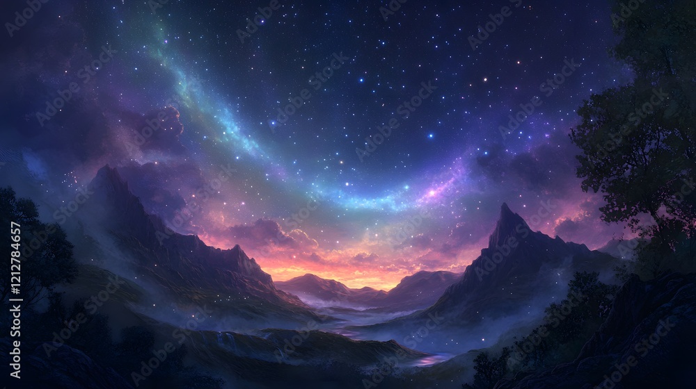 Starlit Night Sky Over Misty Mountain Valley Starlit Night Sky Over Misty Mountain Valley
