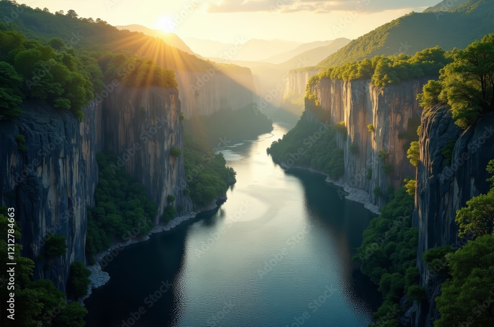 Fototapeta premium Serene river flows through a canyon surrounded by lush greenery and towering cliffs