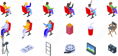 Kids cinema icons set. Cinema isometric icons showing people watching movie, eating popcorn and drinking soda, director chair and movie production elements