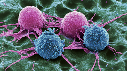 Tumor microenvironment concept with cancer cells, T-Cells, nanoparticles, cancer associated fibroblast layer of tumor microenvironment normal cells, molecules, and blood vessels 3d rendering photo