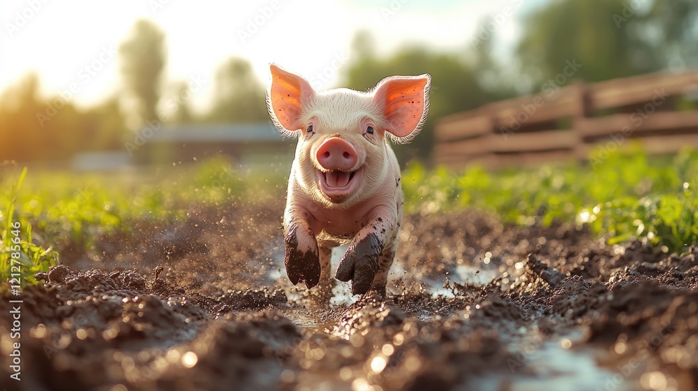 Joyful piglet running through mud in sunlit pasture. 2031 year pig according calendar Joyful piglet running through mud in sunlit pasture. 2031 year pig according calendar