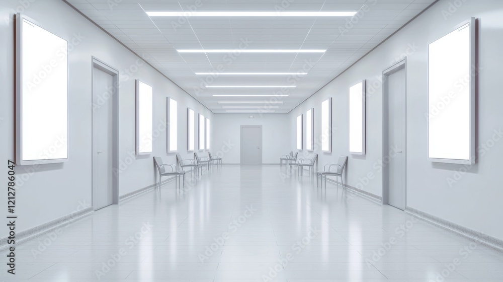 A clean futuristic hospital corridor with glowing light strips, modern furniture, and holographic displays lining the walls A clean futuristic hospital corridor with glowing light strips, modern furniture, and holographic displays lining the walls