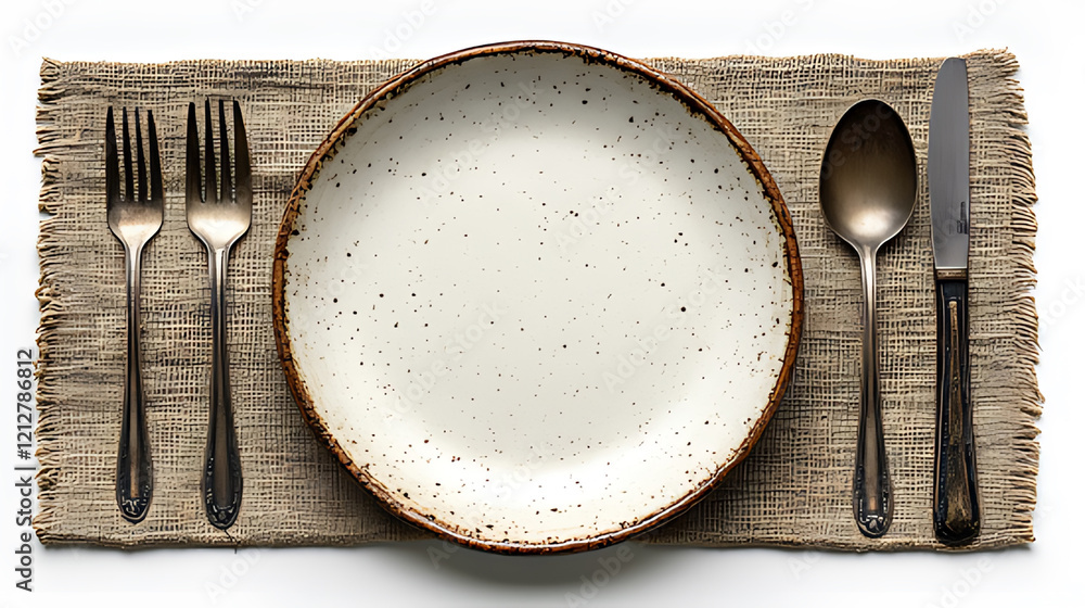 Rustic place setting, linen mat, empty plate, cutlery, white background, food photography Rustic place setting, linen mat, empty plate, cutlery, white background, food photography