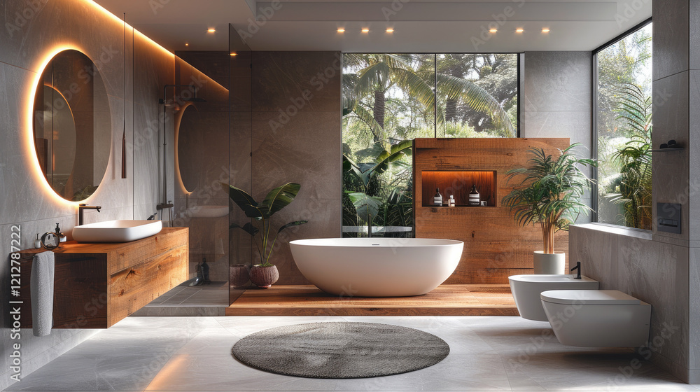 Fototapeta premium A luxurious and modern bathroom with a freestanding bathtub, large windows overlooking lush greenery, natural wood accents, and stylish fixtures.