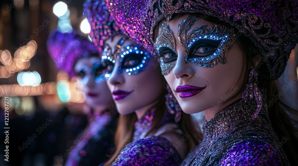 Obraz premium Three women in vibrant Venetian costumes with dramatic masks and purple embellishments, set against festive street lights during Mardi Gras